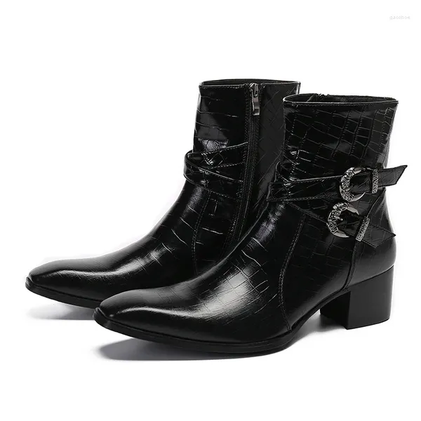 Stiefel Italienisches Militärkleid Männer Spitz High Heels Western Styles Schwarze Doppelschnalle Cowboyschuhe Mann Sapatos Social