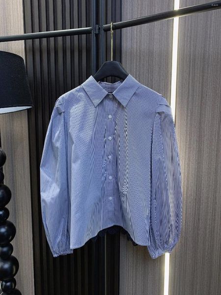 Женские блузки 2024, модная сексуальная повседневная кружевная рубашка с длинными рукавами и лацканами сзади, 0113