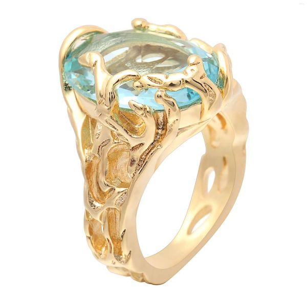 Con pietre laterali Seanlov Hollow Colore oro Anelli da donna Pavimentato Grande Azzurro Cz Zircone Regalo di lusso Gioielli Anello di fidanzamento per diserbo