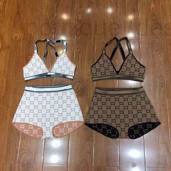 Fatos de treino feminino designer marca maiô feminino verão novo sexy duas letras de malha pendurado pescoço reunindo biquíni terno fino 32av