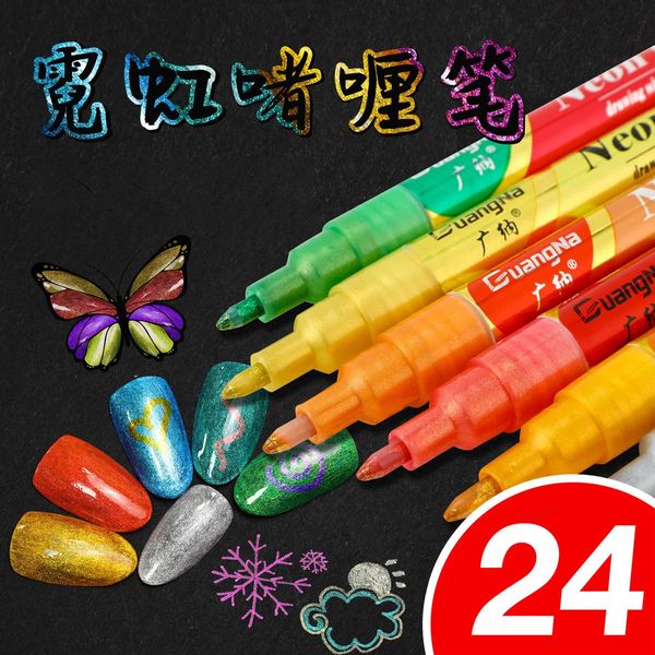 24 cores conjunto glitter mudando caneta prego néon manual fluorescente à prova dwaterproof água arte marcador caneta graffiti pintura suprimentos 240228