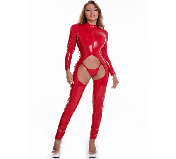 Porn Club Kunstleder-Catsuit, glänzendes PVC, offener Schritt, Jumpsuits, Damen, sexy, aushöhlen, erotische Bodys, Latex, ouvert, Strampler, 6323450