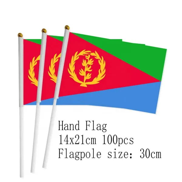Accessori zwjflagshow Bandiera a mano dell'Eritrea 14 * 21 cm 100 pezzi poliestere Bandiera dell'Eritrea piccola mano che sventola con pennone in plastica per la decorazione