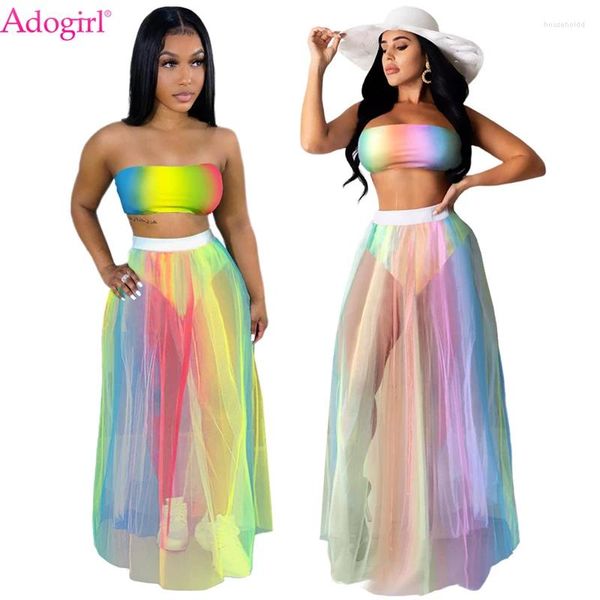 Abiti da lavoro Adogirl Arcobaleno Colorato Spiaggia Set da due pezzi Donna Sexy Tube Top Gonna maxi in rete trasparente con mutandine 2024 Abiti per le vacanze estive