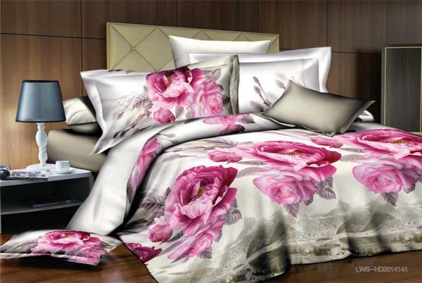 Noble Peonies Floral Impresso 4 PCs Conjuntos de capa de edredão para mulheres garotas King Size Quilt Bedcase Brophcase Bashet