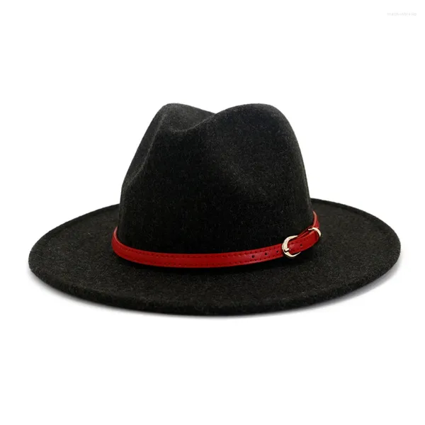 Berets homens mulheres lã vermelha cinto largo borda feltro jazz fedora chapéus estilo britânico trilby festa formal panamá boné vestido chapéu atacado