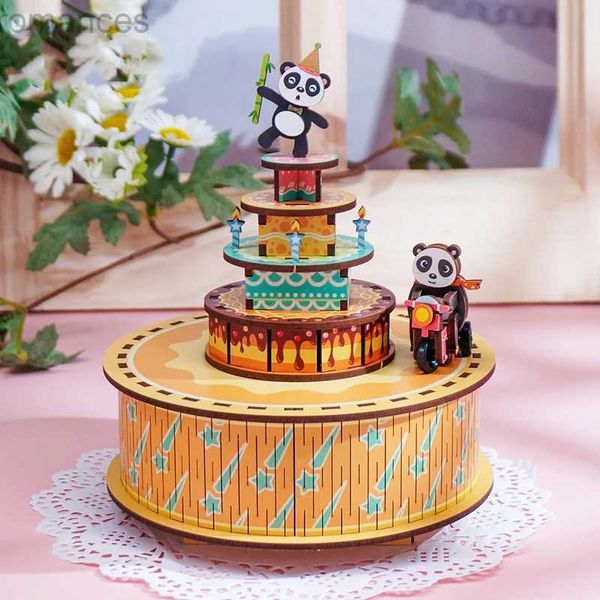 Puzzle 3D Puzzle 3D in legno Miniature Scaffali Casa delle bambole Libri Angoli Modello Panda Carillon assemblato Blocchi Regalo di compleanno 240314