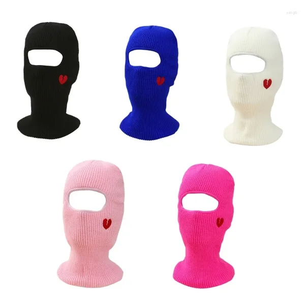 Berets quente malha balaclava boné para mulheres adulto gorro chapéu artesanal bordado coração meninas com capuz equitação esqui