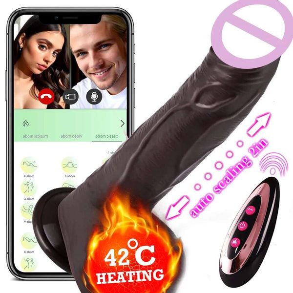 App empurrando preto realista vibrador sexo brinquedo feminino rotação telescópica aquecimento g ponto clitoral estimulação anal vibrador