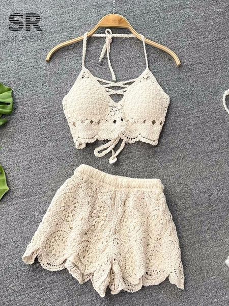 Calças femininas de duas peças Singiny Knit Sets Mulheres Verão Férias Backless Camisole Cintura Elástica Shorts Oco Out Y2K Beach Style Suits