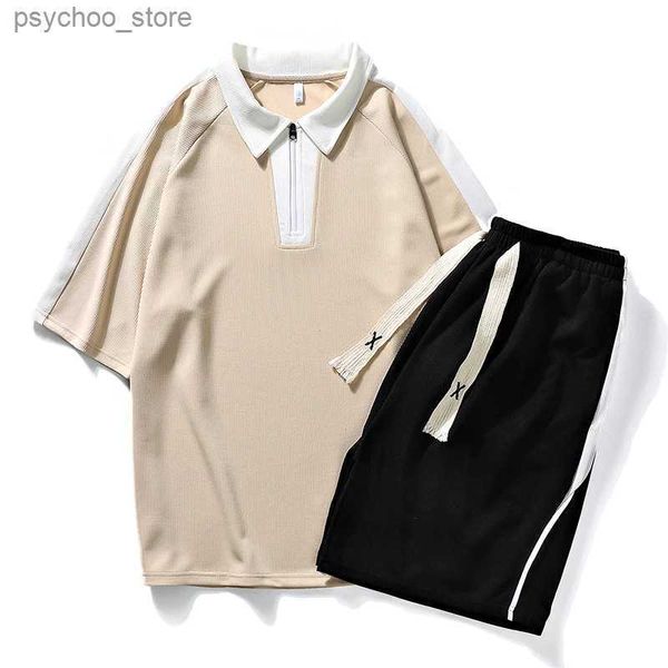 Fatos masculinos 2023 Zipper Polo T-shirt Set Mens Shorts 2 peças Conjunto de correspondência Mens T-shirt Track Sweater 17 Q240314