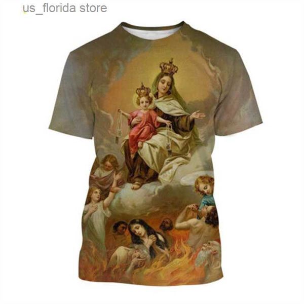 Homens camisetas Virgem Maria Camiseta Deusa da Misericórdia 3D Impressão T-shirt Cristão Abençoado Jesus Deus Camisetas Mulheres Roupas Unissex Curto Tops Y240321