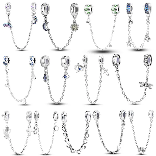 Catena di sicurezza con pietre preziose sciolte Braccialetti originali adatti 925 Argento zircone Stella Luna Farfalla Tappo in gomma Fascino Creazione di gioielli fai da te