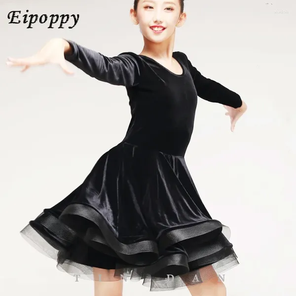 Сценическая одежда, зимняя юбка для латинских танцев, детская женская черная одежда с длинными рукавами, тренировочная одежда для девочек