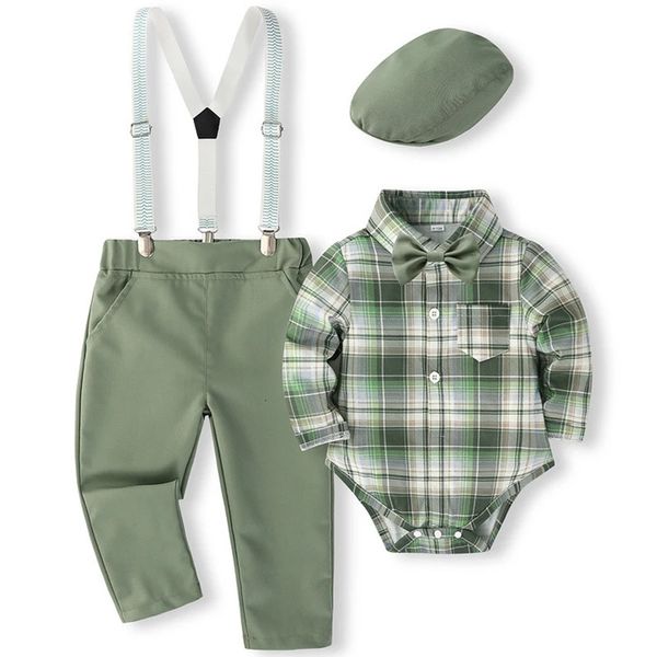 5 pezzi primavera vestiti per ragazzo moda coreana plaid manica lunga tuta pantaloni cravatta cappello cinghie abbigliamento di lusso per bambini nato set BC1683 240314