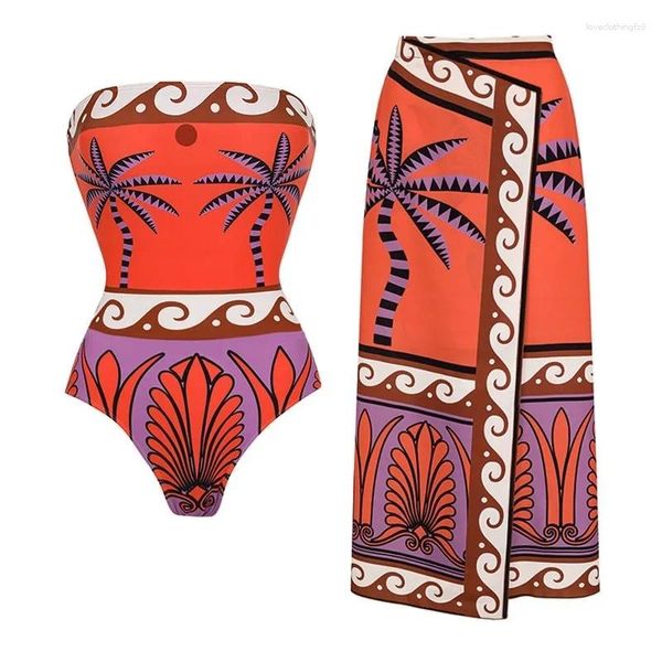 Roupa de banho feminina 2024 impressão maiô de uma peça para mulher com saia maiô monokini praia bodysuit wear