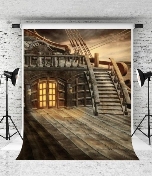 Sogno 5x7ft Retro Caribbean Pirate Ship Pography Sfondo Vecchio pavimento in legno scuro Po Studio Sfondi per tema Halloween Pa2263614