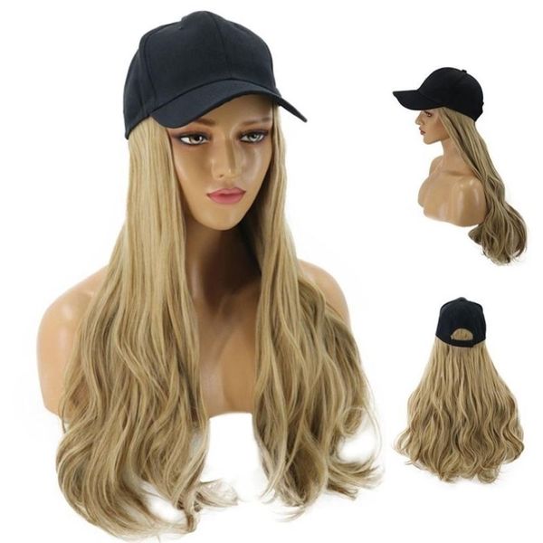 8 Farben verstellbare Damenhüte, gewellte Haarverlängerungen mit schwarzer Kappe, All-in-One-Baseballmütze für Damen, Y200714254S