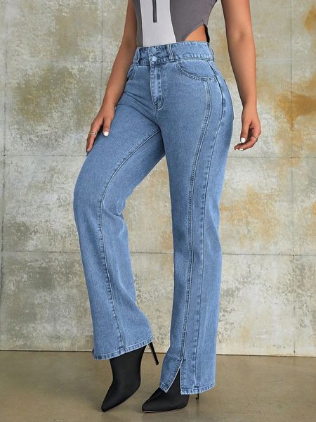 Y2k moda feminina fenda hem perna reta jeans vintage cintura alta simples calças jeans senhoras rua calças compridas 240307