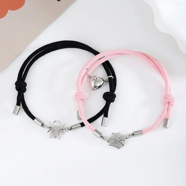 Braccialetti con ciondoli 1 paio di coppie di magneti per gli amanti Blocco cuore Bracciale ragno magnetico Donna Uomo Corda intrecciata regolabile Regalo di gioielli