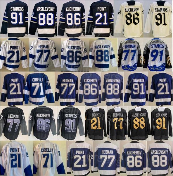 2024 Alternate Black Hockey 88 Andrei Vasilevskiy Jersey 91 Steven Stamkos 21 Brayden Point 77 Victor Hedman 86 Nikita Kucherov Stitch White Blue Stadium Series