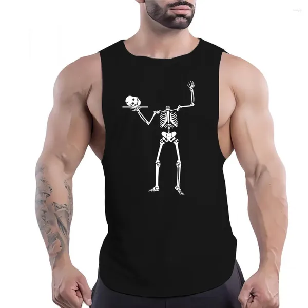 Herren-Tanktops für vier Jahreszeiten, Outdoor-Sportweste, lustiger Totenkopf-Aufdruck, 2024, Sommer, Rundhalsausschnitt, einfacher Komfort, atmungsaktiv, schnell trocknend, Fitnessstudio