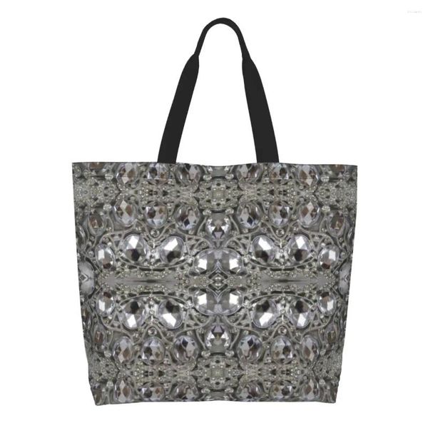 Sacos de compras na moda bonito strass cristal lona mulheres reciclando grande capacidade de mercearia diamantes jóias shopper tote