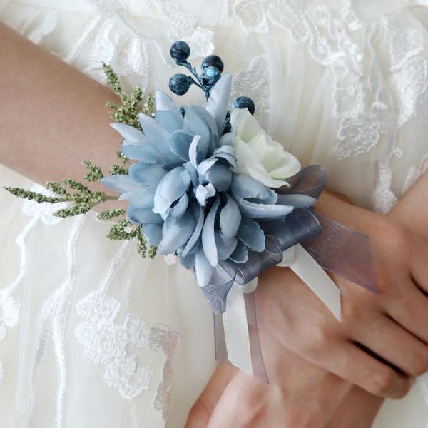 Dekorative Blumen, 1 Stück, blaues Seidentuch, Handgelenk-Blumen-Corsage, künstliche Braut, Bräutigam, Schwestern, Brüder, Hochzeitsdekorationen, Zubehör