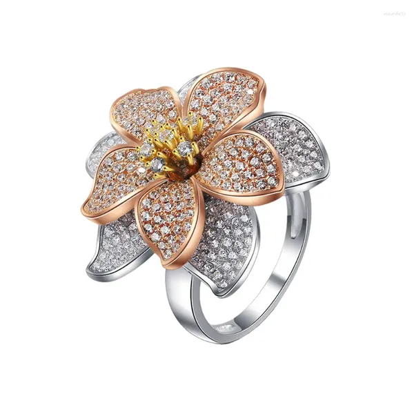 Cluster-Ringe 2024 Blumenring S925 Silber exotischer Stil vergoldet dreifarbig