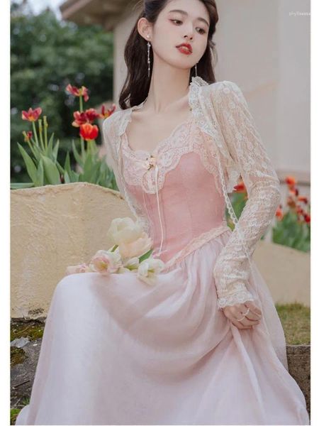 Abiti casual Donna Estate Abito da sposa lungo in pizzo rosa 2024 Abiti eleganti floreali francesi da principessa vintage fata