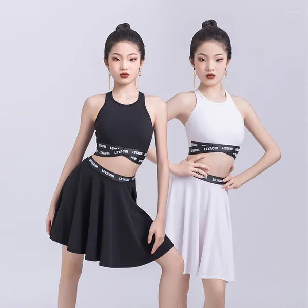 Stage Wear 2024 Black White latino Costume Girls Girls Pract Tops Skirt Chacha Dancing Clothes Samba Salsa Outfit YS5363