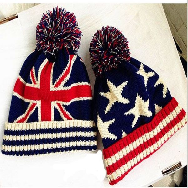 Unisex Union Jack oder Sterne Streifen USA Flagge Warme Winterbommelmütze UK Flagge Totenkopf Ski Pom Pom Mütze Mütze 10 Stück Los 248e