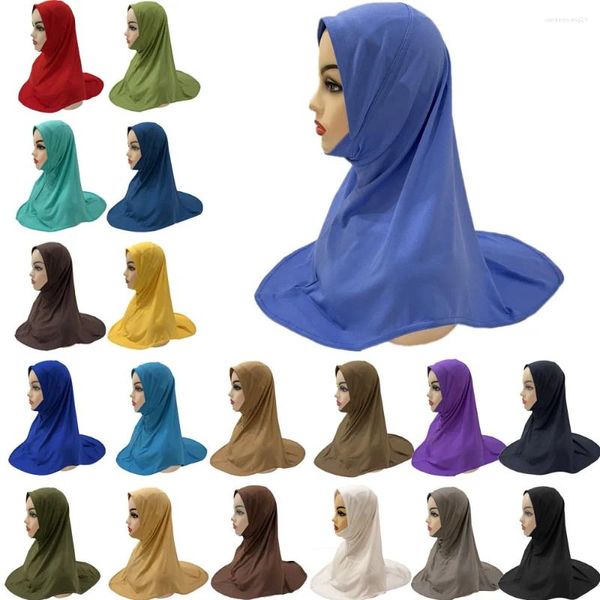 Abbigliamento etnico Tinta unita Hijab Bambini Ragazze Sciarpa istantanea musulmana Un pezzo Amira Foulard Scialli Avvolgere Turbante Hijab Indossare Ready Made 5-10