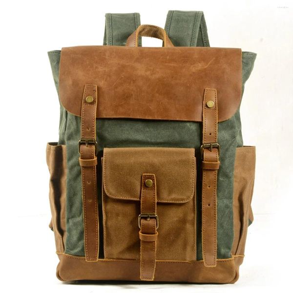 Rucksack Vintage Outdoor Leinwand Nähte Crazy Horse Leder Öl Wachs Wasserdicht Computer Schultasche Männlich