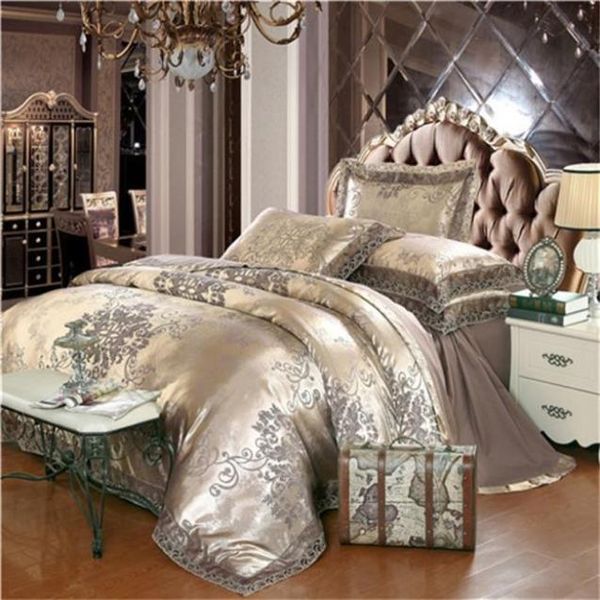 Ouro café jacquard conjunto de cama luxo queenking tamanho mancha conjunto 46 pçs algodão seda rendas conjuntos capa edredão lençol casa texti855620496