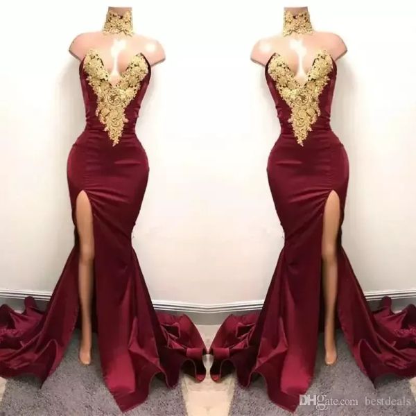 Novo sexy africano borgonha vestidos de baile vestido de noite sereia ouro rendas apliques frente split 2k18 elegante formal vestidos de festa à noite