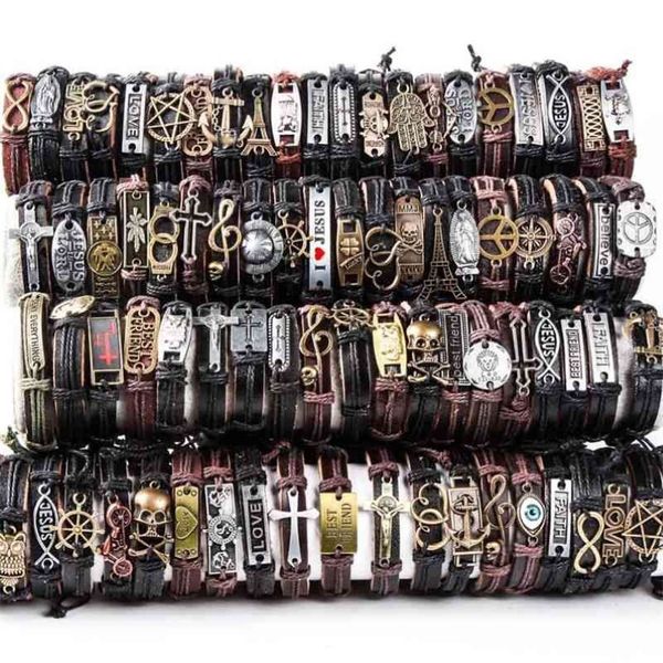 Hoqiaga pulseiras de couro masculinas e femininas, 100 peças, genuíno, vintage, punk rock, retrô, casal, feito à mão, lotes inteiros, 2103262c