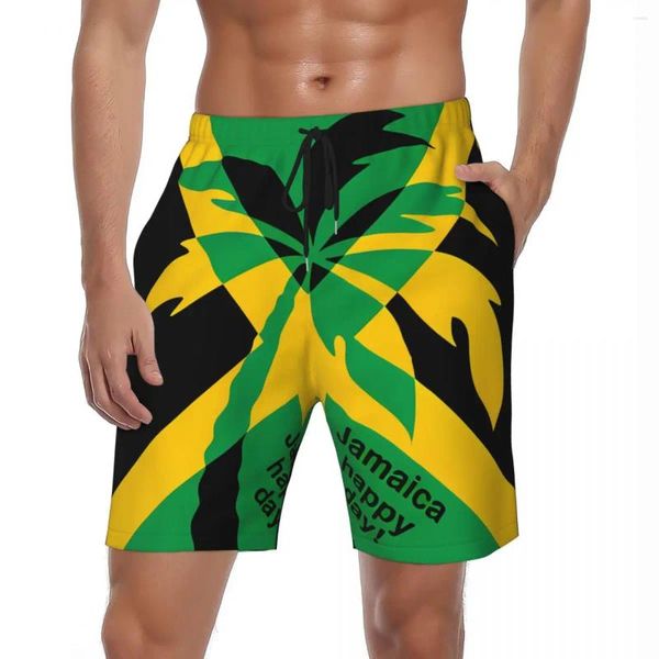 Shorts masculinos 3D Imprimir bandeira jamaicana placa de verão árvore legal elegante praia homens esportes rápido seco gráfico troncos de natação