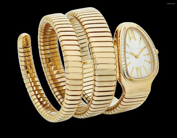 Armbanduhren Luxus Top Qualität Frauen Schlange Gelbgold Langes Armband Diamant Lünette Rom Weißer Quarz Edelstahl Saphir Damen WRI