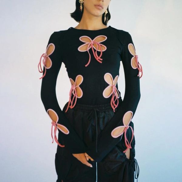 Женские блузки 2024, осенне-зимняя одежда, перфорированный узкий, с длинными рукавами, с открытой спиной, на шнуровке, сексуальный полый топ