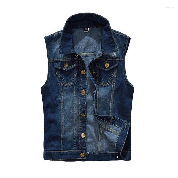 Jaquetas masculinas Botão Casacos Rasgado Colete e Jaqueta Casual Denim Coletes Homens Retro Sem Mangas Slim Fit Masculino Jeans Tank Top Plus Size Moda