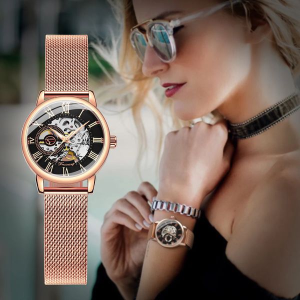 Forsining Orologio meccanico scheletrato in oro rosa per le donne Moda lancette luminose Orologi da donna di lusso eleganti Cinturino in acciaio a maglie 240305