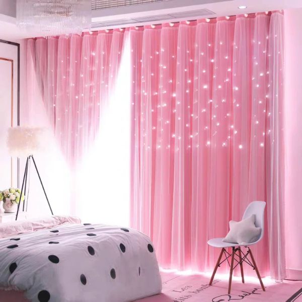 Cortinas estilo princesa coloridas, camada dupla, estrelas, para sala de estar, quarto infantil, rosa, azul, janela, blackout personalizado