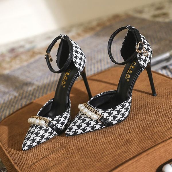 Designer da donna a punta con tacchi sottili in sandali perla nero bianco scozzese tacchi alti da lavoro festa altezza tacco 6 cm 8 cm 10 cm + scatola da scarpe Taglia 35-43