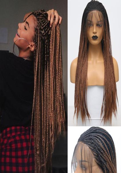 Dois tons ombre marrom cor caixa trançada peruca dianteira do laço sintético com cabelo do bebê perucas cosplay para mulher 26inch9982448