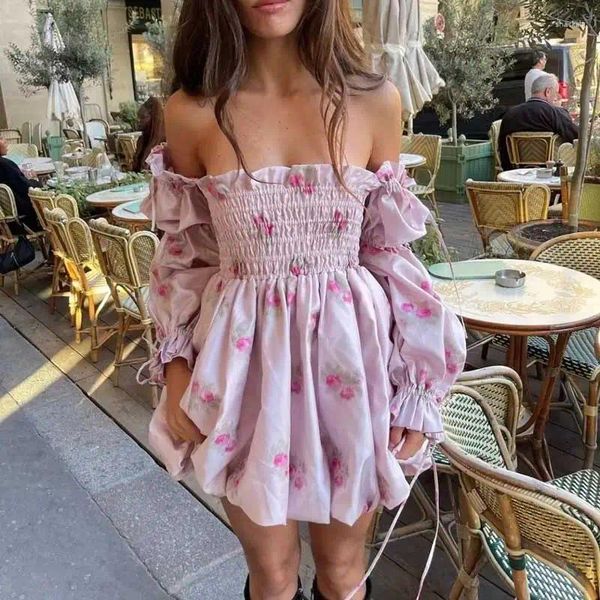 Lässige Kleider Boho inspirierte Satin gesmokte Puffärmel Blase Minikleid Blumendruck Party Mädchen 2024 Sommer Dressse Sexy Frauen