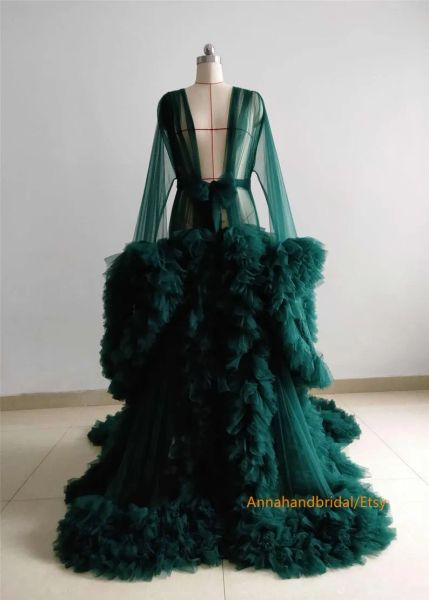 Abito da ballo verde scuro con volant 2024 Abito kimono Abiti di maternità Abiti da notte da sposa a maniche lunghe Abiti da sera