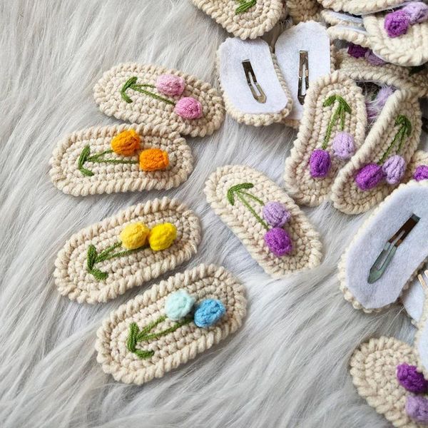 Acessórios de cabelo artesanais clipes de crochê bonito tulipa flores de malha para meninas bb hairpin barrettes moda crianças acessório