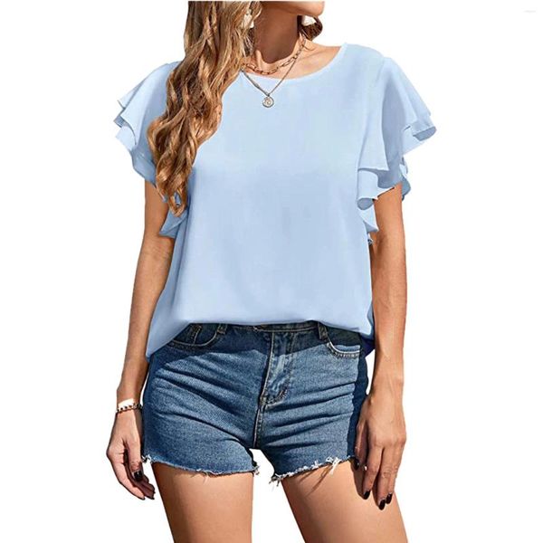 Blusas femininas casuais em torno do pescoço camisa chiffon topo duplo plissado manga curta botão traseiro blusa elegante