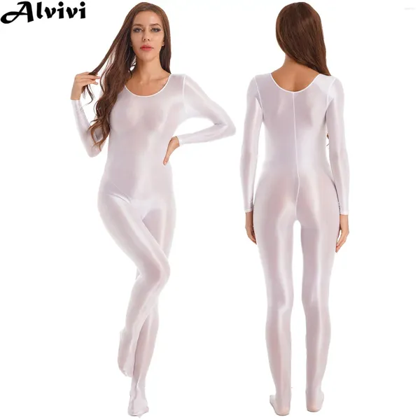 Kadın Mayo Kadınları Parlak Vücut Stoking Bodysuit Uzun Kollu Tulum Mayo Jimnastik Yoga Dans Leotard Lingerie Nightwear